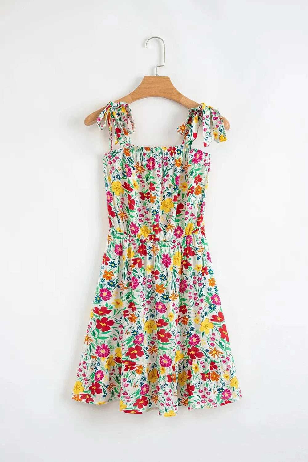 Floral Knotted Straps Cinched Waist Ruffle Hem Mini Dress - Trendsi - Flyclothing LLC