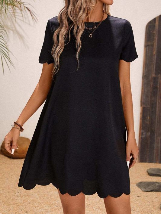 Scalloped Hem Round Neck Short Sleeve Dress - Trendsi - Flyclothing LLC