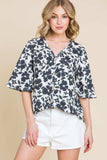 BOMBOM Floral Decorative Button V-Neck Top - Trendsi - Flyclothing LLC