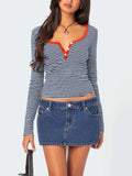 Buttoned Striped Long Sleeve T-Shirt - Trendsi - Flyclothing LLC