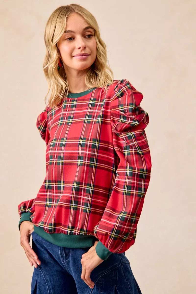 BiBi Christmas Plaid Exaggerated Shoulder Sleeves Top - Trendsi - Flyclothing LLC