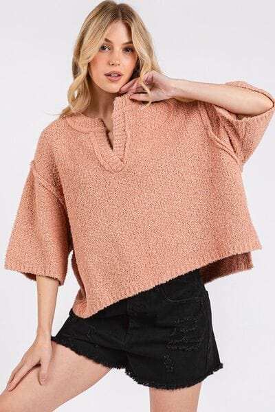 Mittoshop Side Slit Notched Drop Shoulder Sweater - Trendsi - Flyclothing LLC