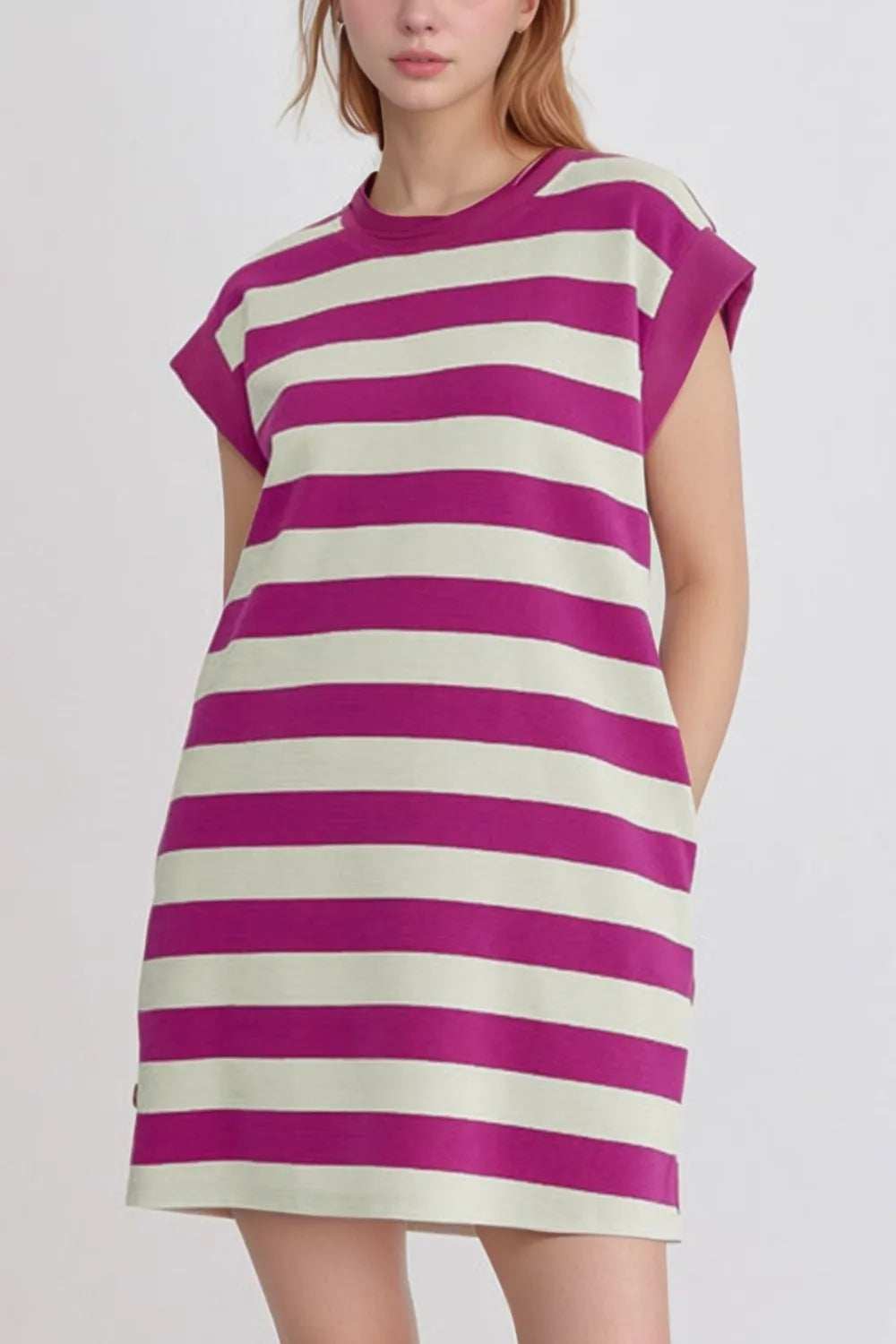 Stripe Cap Sleeve Pocketed Shift Tee Dress - Trendsi - Flyclothing LLC