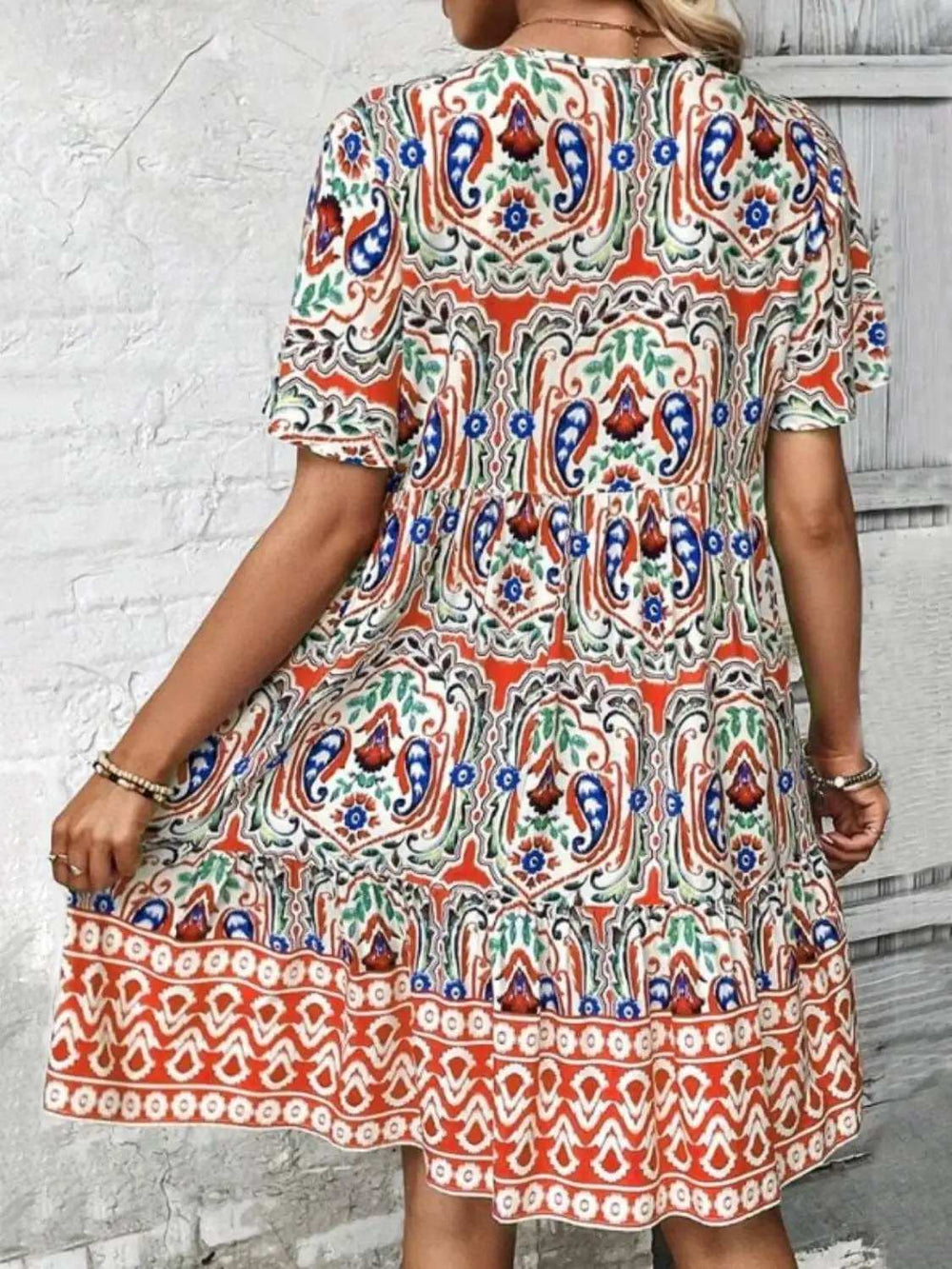 Printed Tie Neck Short Sleeve Dress - Trendsi - Flyclothing LLC