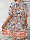 Printed Tie Neck Short Sleeve Dress - Trendsi - Flyclothing LLC