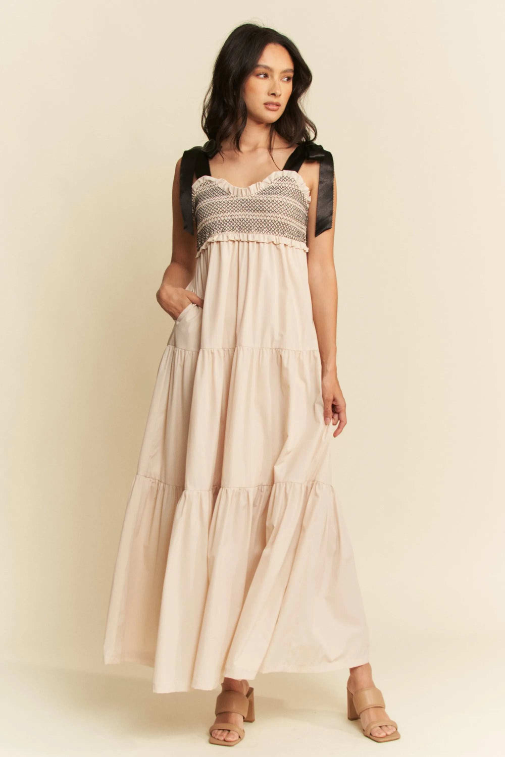 Davi & Dani Multi Contrast Smocked Bodice Straps Maxi Dress - Trendsi - Flyclothing LLC