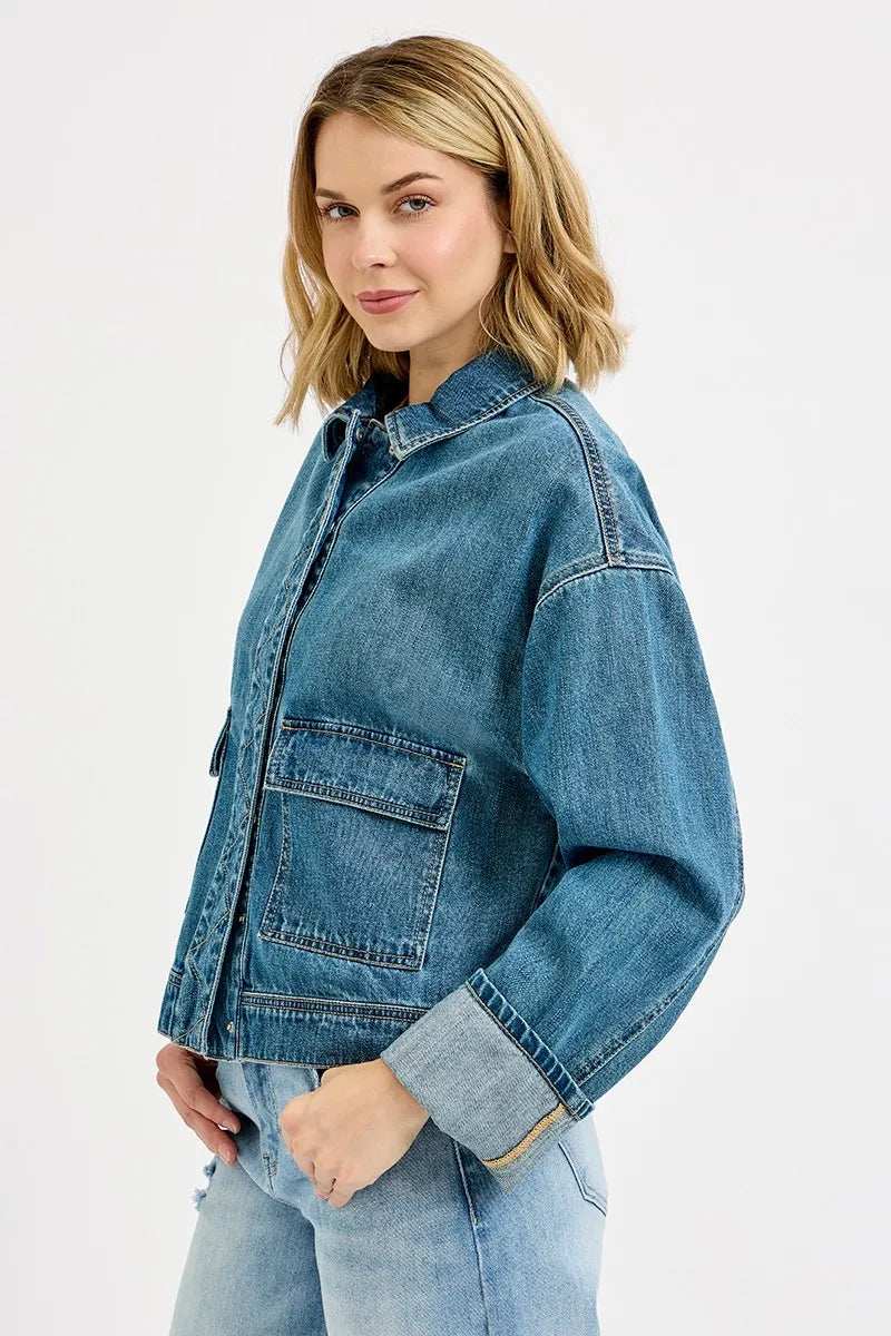 RISEN Oversized Cargo Pocket Denim Jacket with Cuffed Sleeves - Trendsi - Flyclothing LLC
