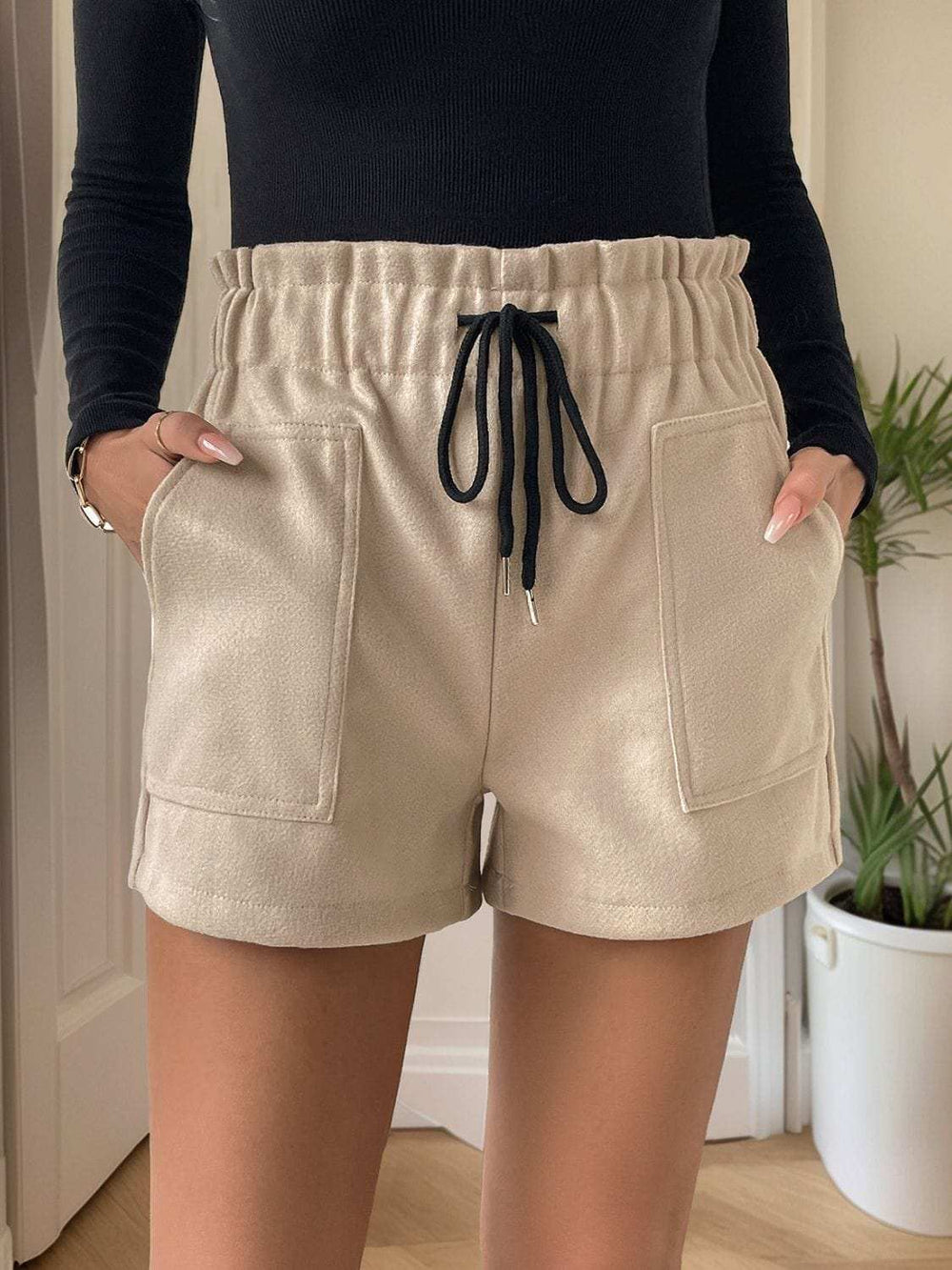 Perfee Frill Drawstring Shorts with Pockets - Trendsi - Flyclothing LLC