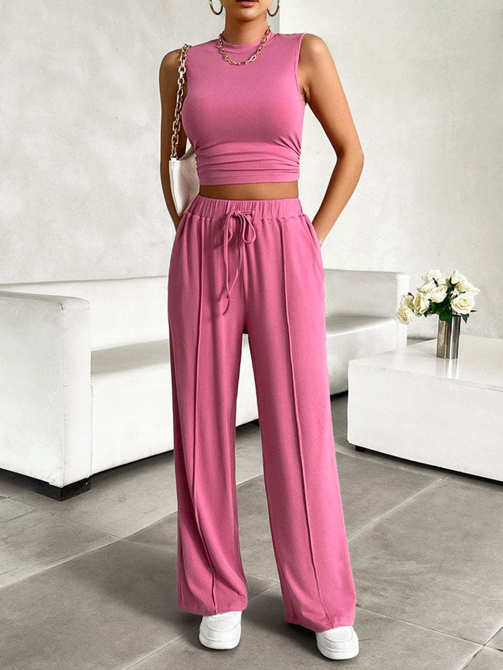 Mock Neck Sleeveless Top and Drawstring Pants Set - Trendsi - Flyclothing LLC