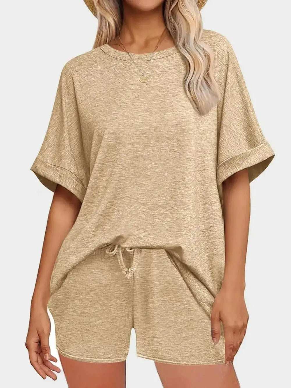 Round Neck T-Shirt and Drawstring Shorts Set - Trendsi - Flyclothing LLC