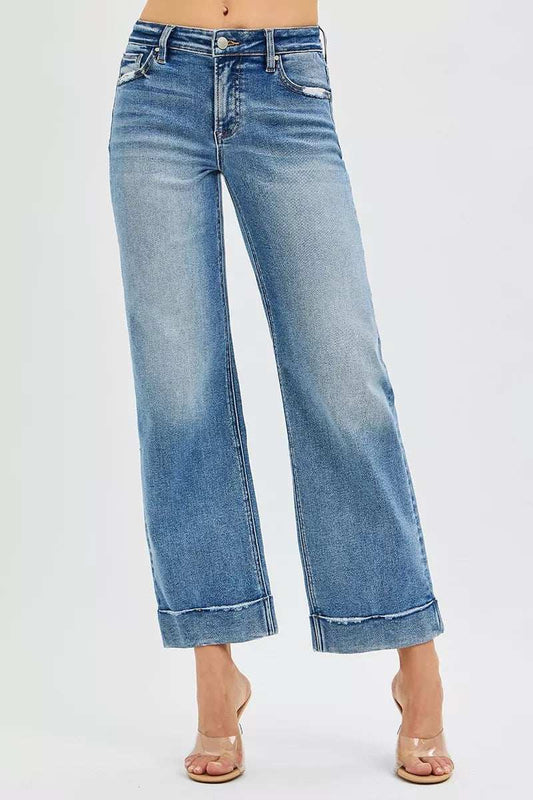 RISEN Full Size Mid Rise Crop Straight Jeans with Taylor Cuffed Plus Size - Trendsi - Flyclothing LLC