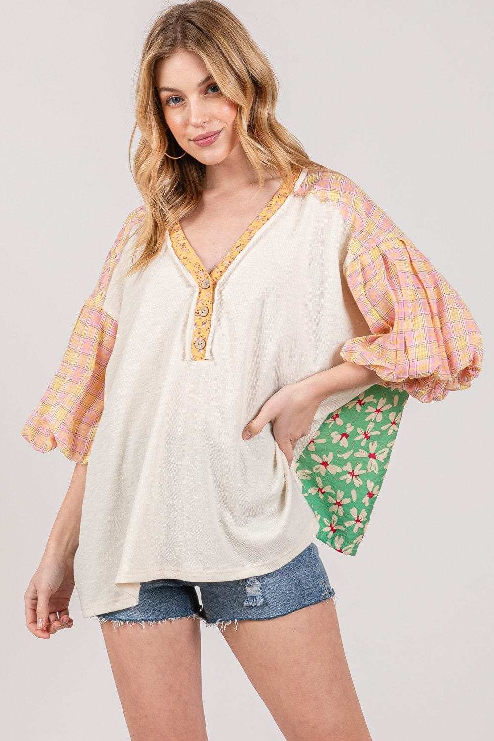 SAGE + FIG Color Block Bubble Sleeve Top - Trendsi - Flyclothing LLC