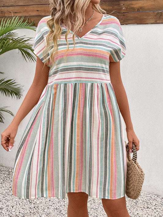Striped V-Neck Short Sleeve Dress - Trendsi - Flyclothing LLC