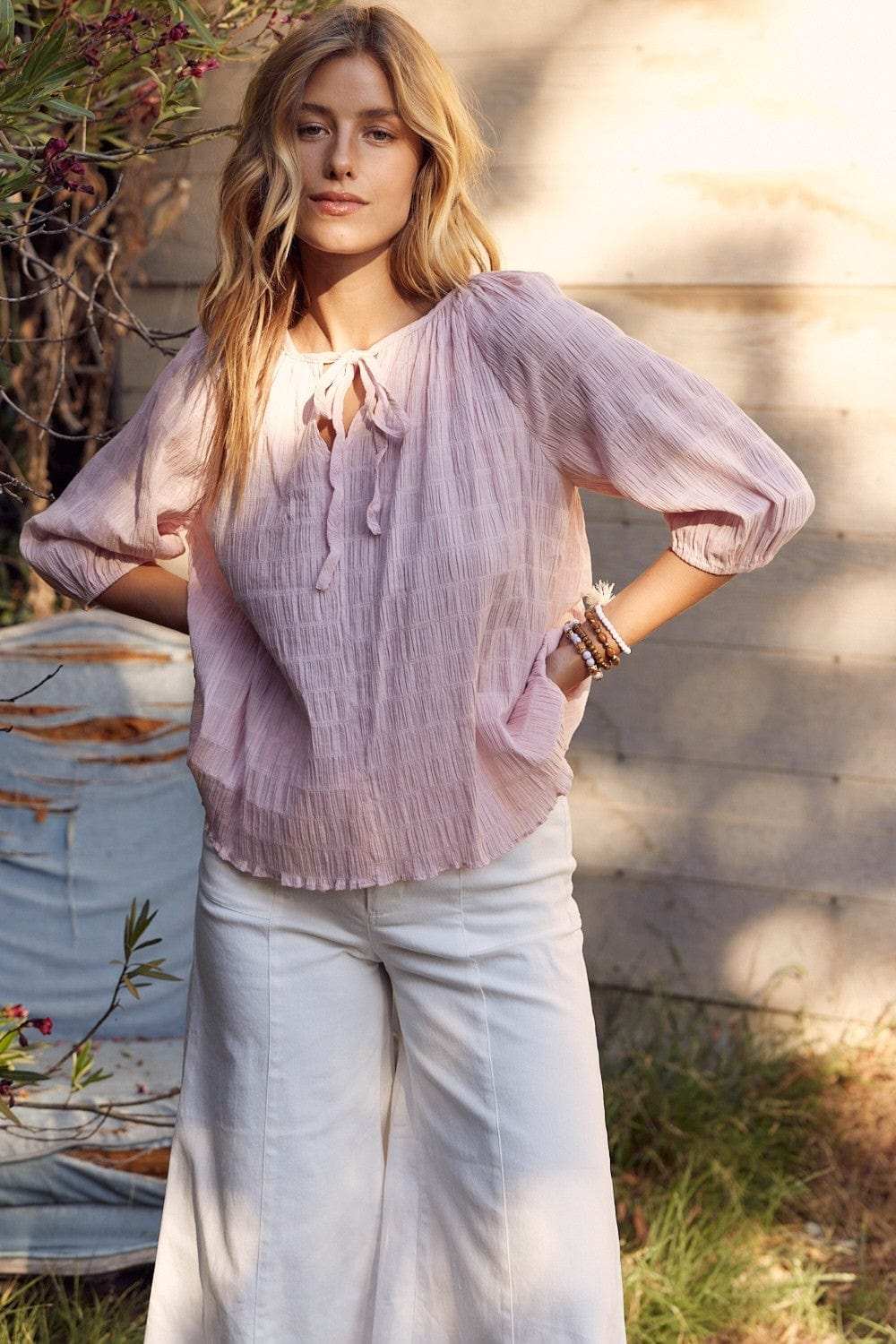 In February Textured Tie Neck Blouse - Trendsi - Flyclothing LLC