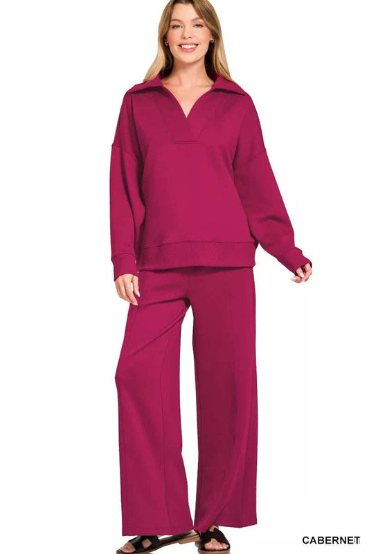 Zenana Scuba Collared Pullover and Pants Set - Trendsi - Flyclothing LLC