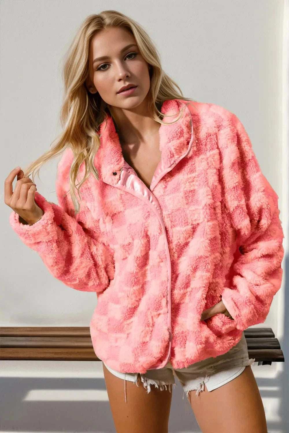 Double Take Checkered Long Sleeve Fuzzy Jacket - Trendsi - Flyclothing LLC