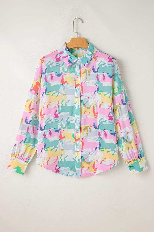Horse Print Collared Neck Long Sleeve Shirt - Trendsi - Flyclothing LLC