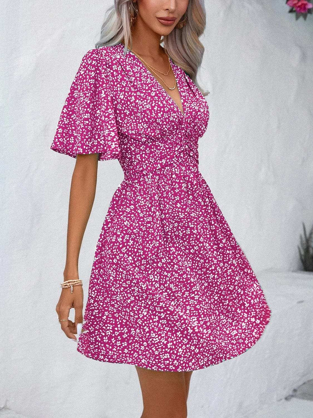 Printed V-Neck Half Sleeve Mini Dress - Trendsi - Flyclothing LLC