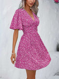 Printed V-Neck Half Sleeve Mini Dress - Trendsi - Flyclothing LLC