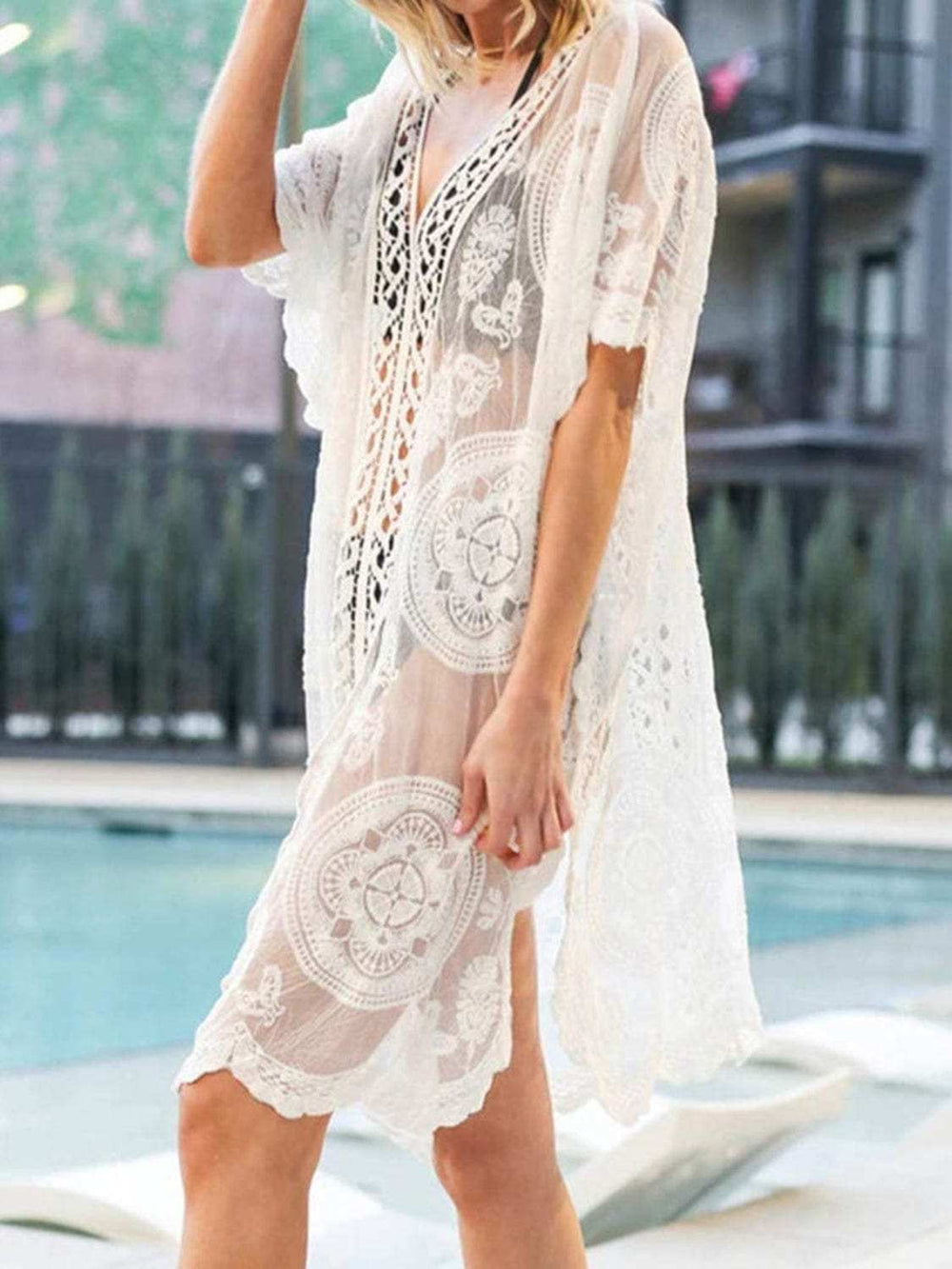 Lace V-Neck Half Sleeve Cover-Up - Trendsi - Flyclothing LLC