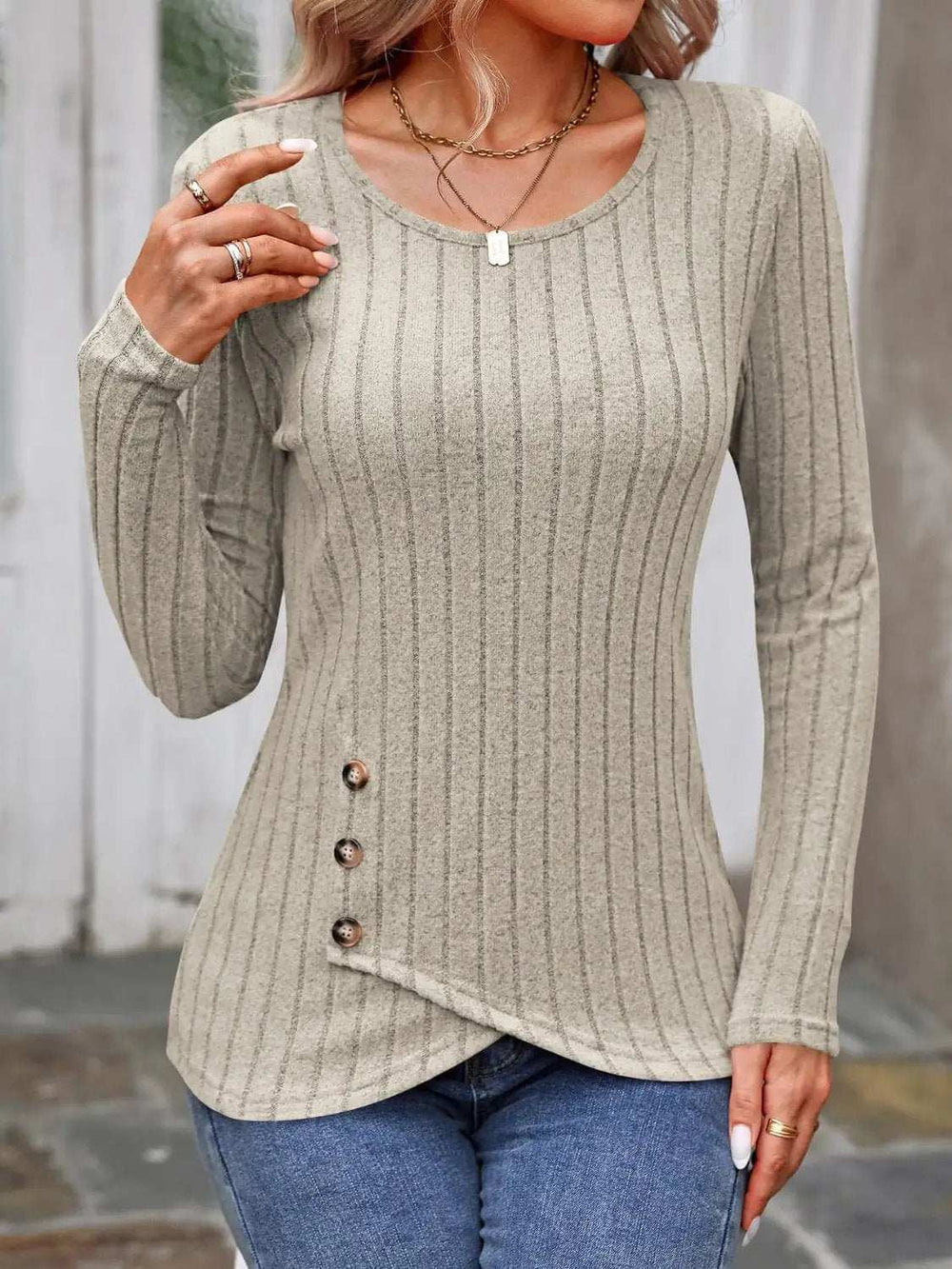 Decorative Button Round Neck Long Sleeve T-Shirt - Trendsi - Flyclothing LLC