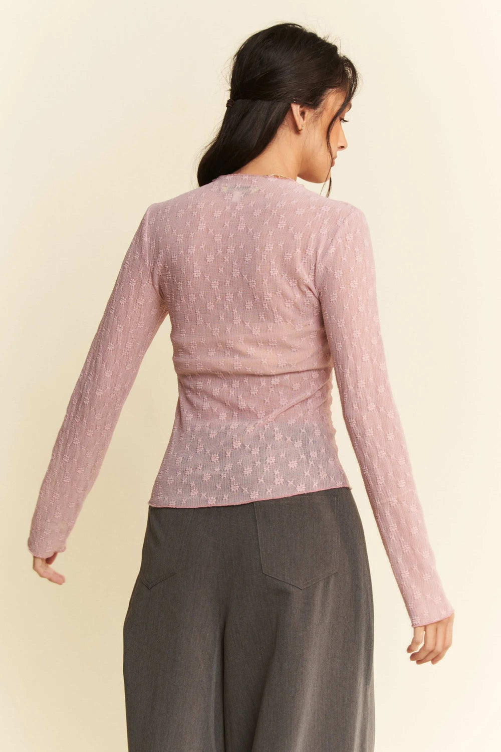 Davi & Dani Long Sleeve Sheer Small Embroidered Bows Lace Top - Trendsi - Flyclothing LLC