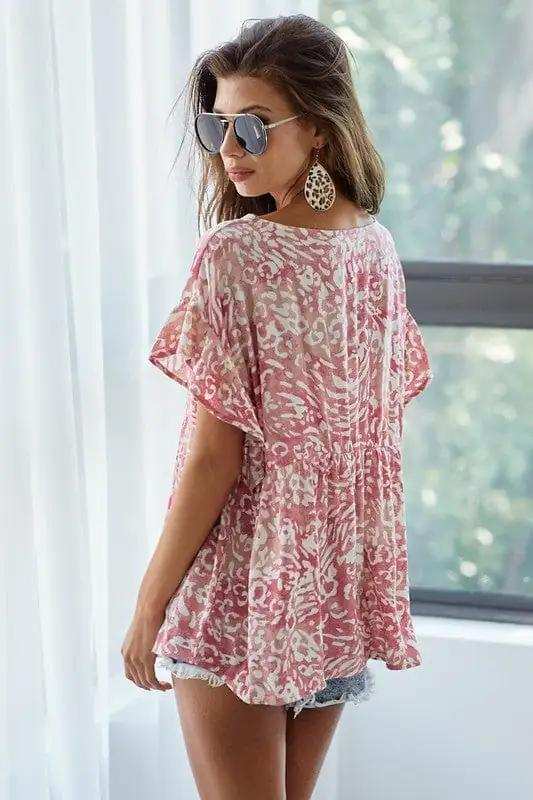 BiBi Leopard Print Gauze Woven Flutter Sleeve Blouse - Trendsi - Flyclothing LLC