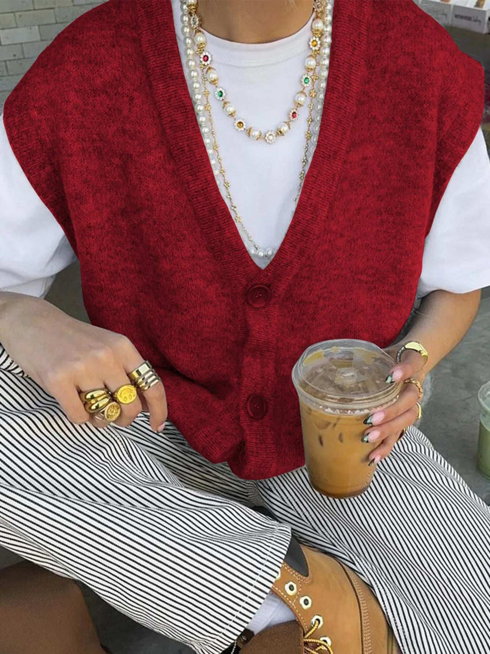 Button-Front Sweater Vest - Trendsi - Flyclothing LLC