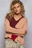 POL Color Block Notched Long Sleeve T-Shirt - Trendsi - Flyclothing LLC