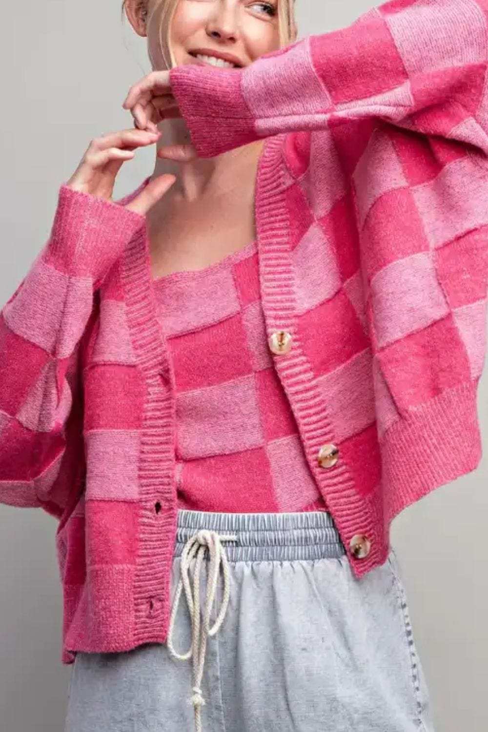 Checkered V-Neck Long Sleeve Cardigan - Trendsi - Flyclothing LLC