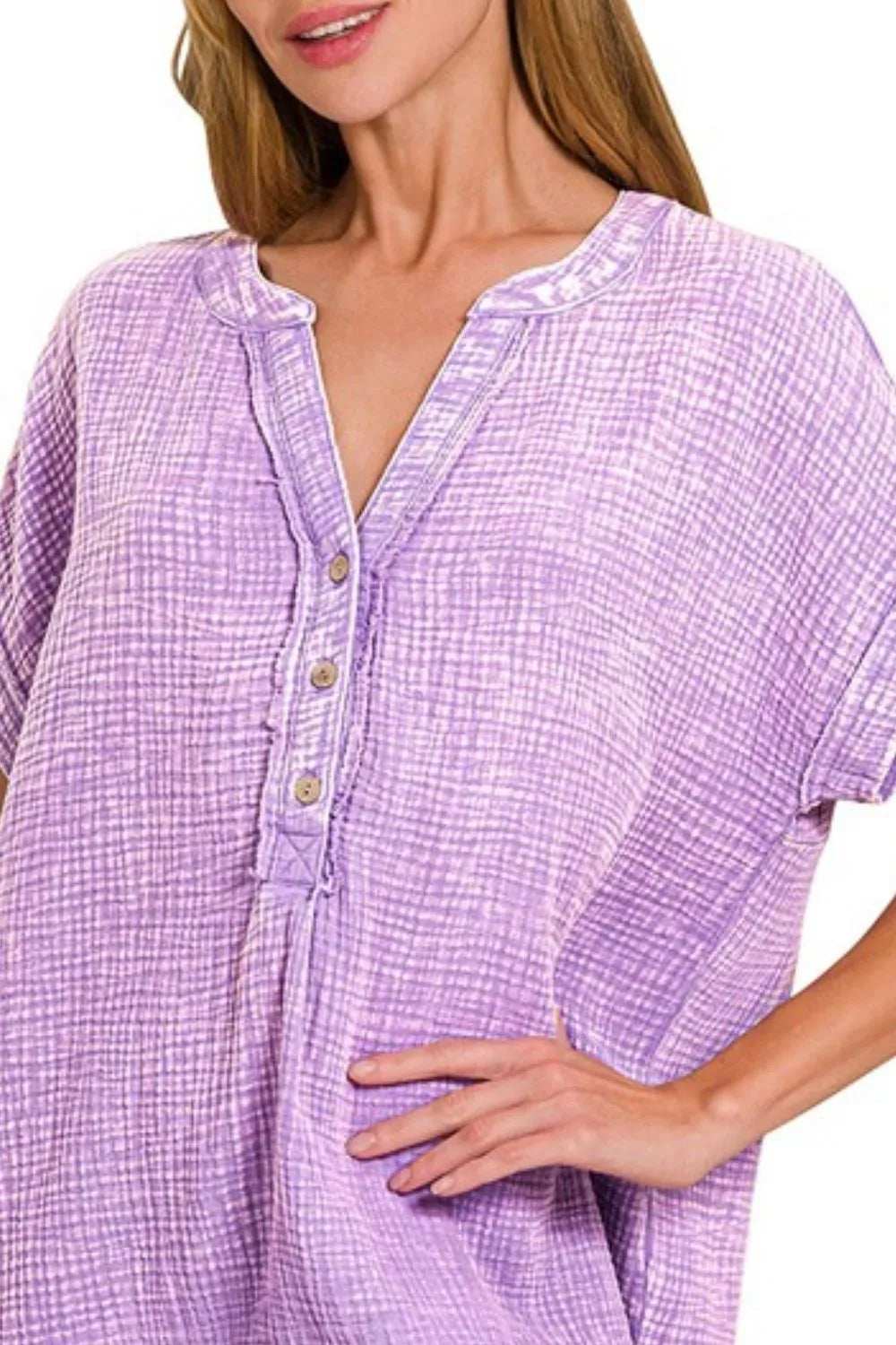 Zenana Washed Double Gauze 3/4 Button Henley Neck Shirt - Trendsi - Flyclothing LLC