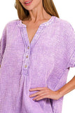 Zenana Washed Double Gauze 3/4 Button Henley Neck Shirt - Trendsi - Flyclothing LLC