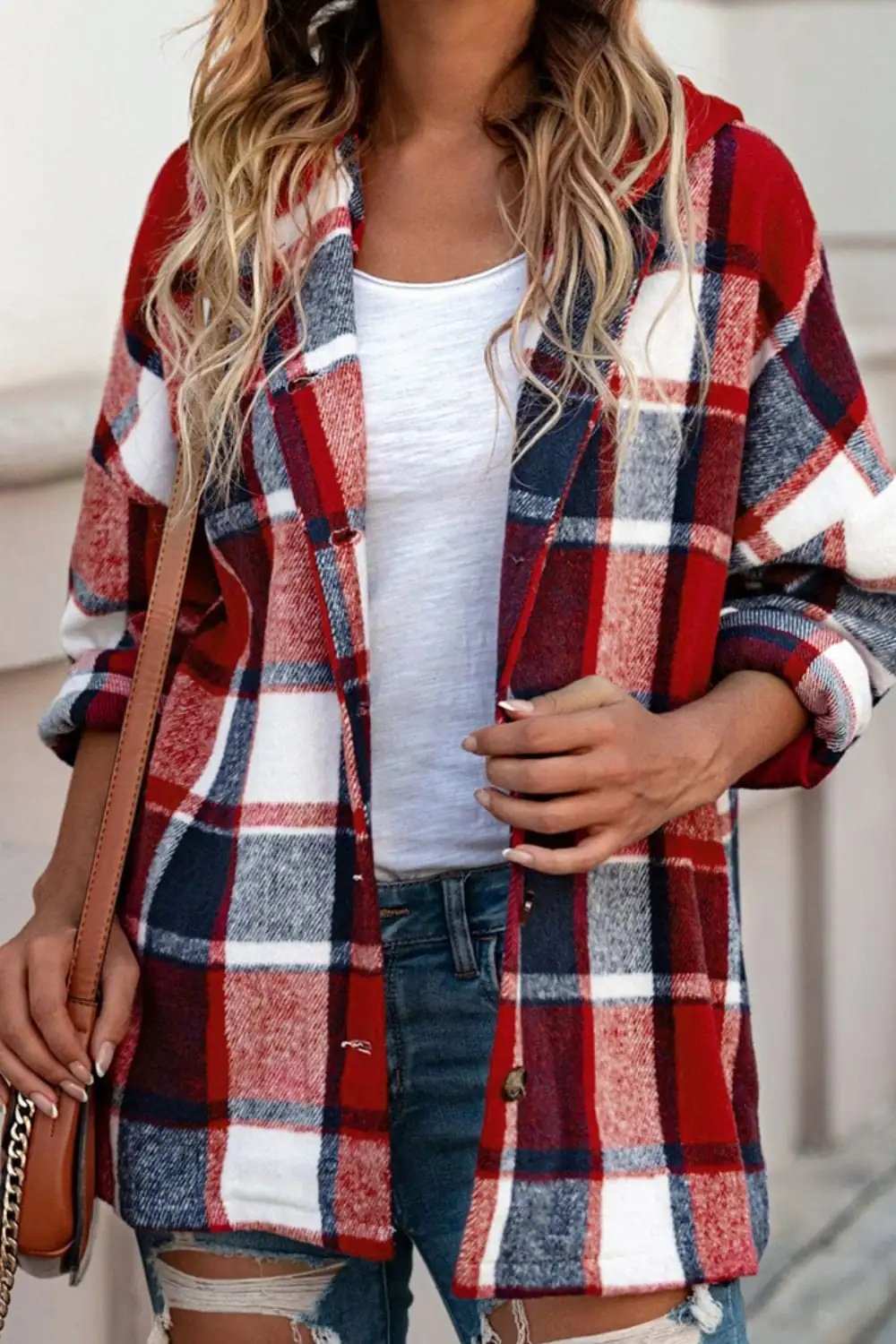 Plaid Button Up Hooded Shacket - Trendsi - Flyclothing LLC