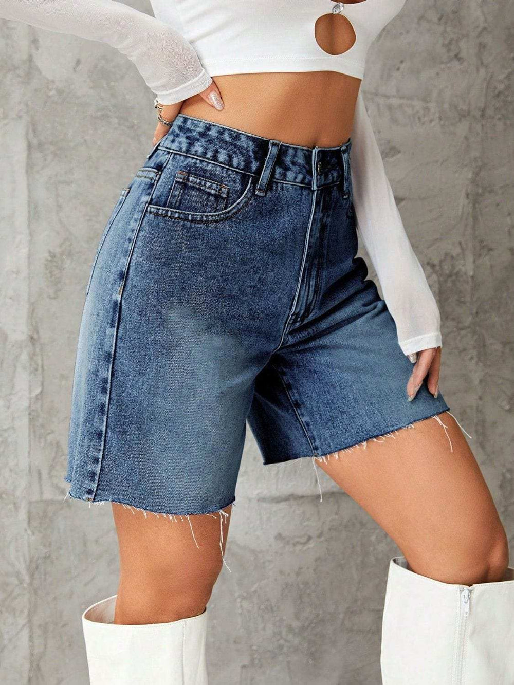 Frayed Hem Denim Shorts - Trendsi - Flyclothing LLC