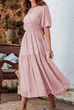 Puff Sleeve Pleated High Waist Flowy Midi Dress - Trendsi - Flyclothing LLC