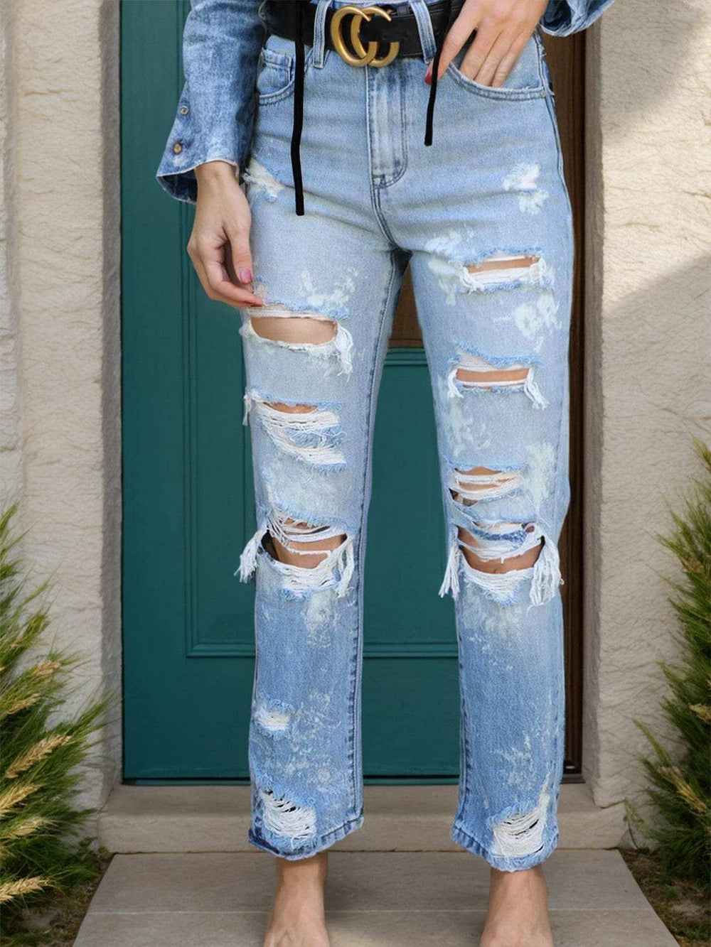 Distressed Straight Jeans with Pockets - Trendsi - Flyclothing LLC