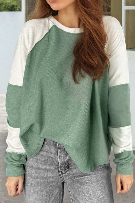 Color Block Round Neck Raglan Sleeve Top - Trendsi - Flyclothing LLC