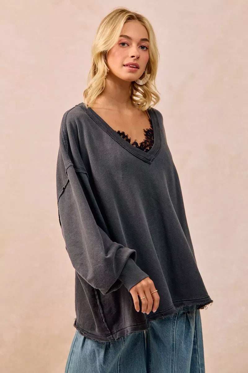 BiBi Mineral Washed French Terry Oversized Sweatshirt - Trendsi - Flyclothing LLC
