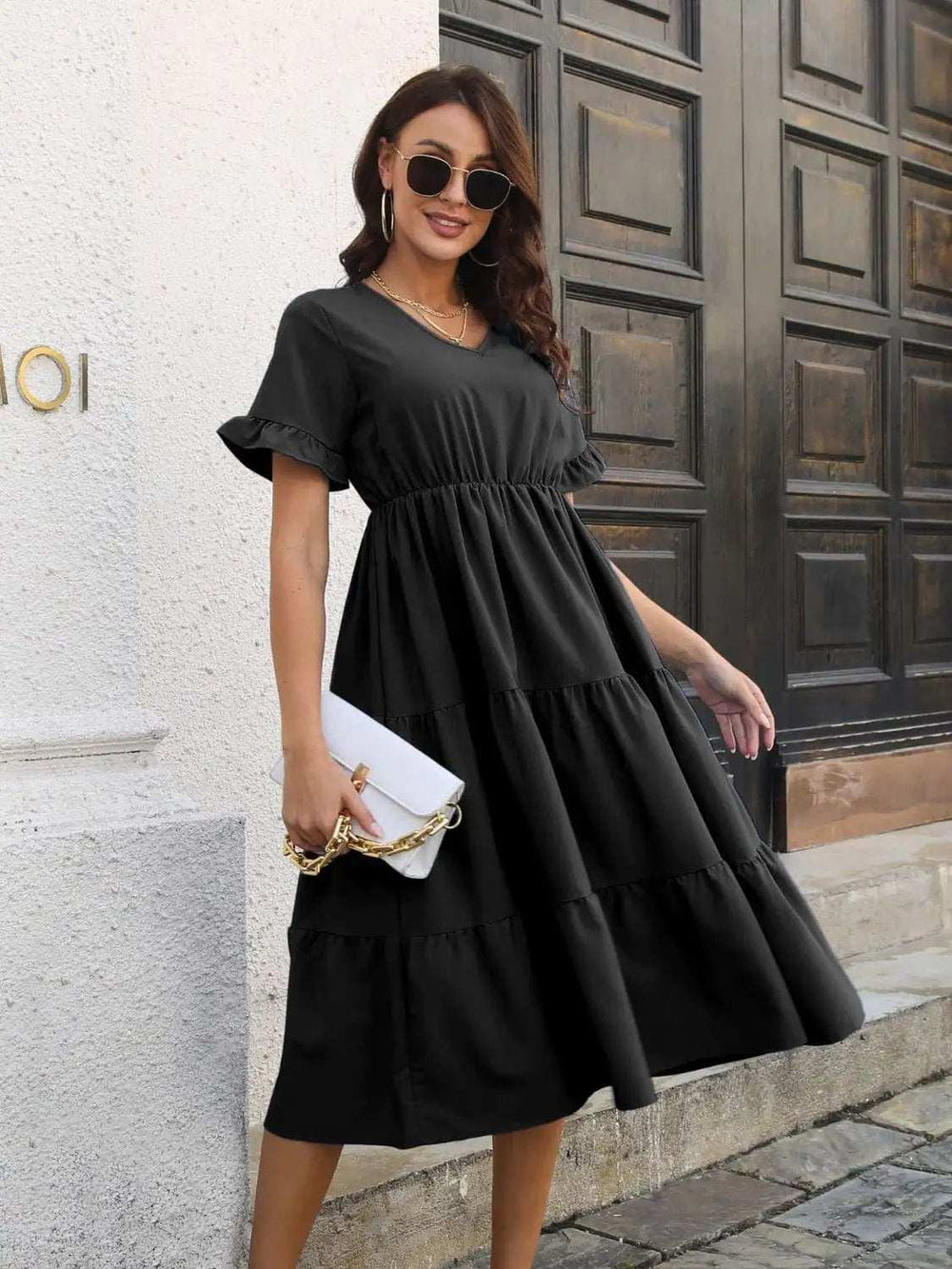 V-Neck Short Sleeve Midi Dress - Trendsi - Flyclothing LLC