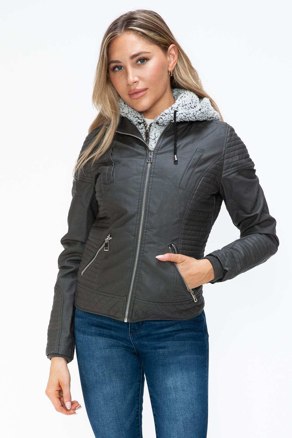 YMI Faux Layered Double-Zipper Jacket with Fuzzy Hood - Trendsi - Flyclothing LLC