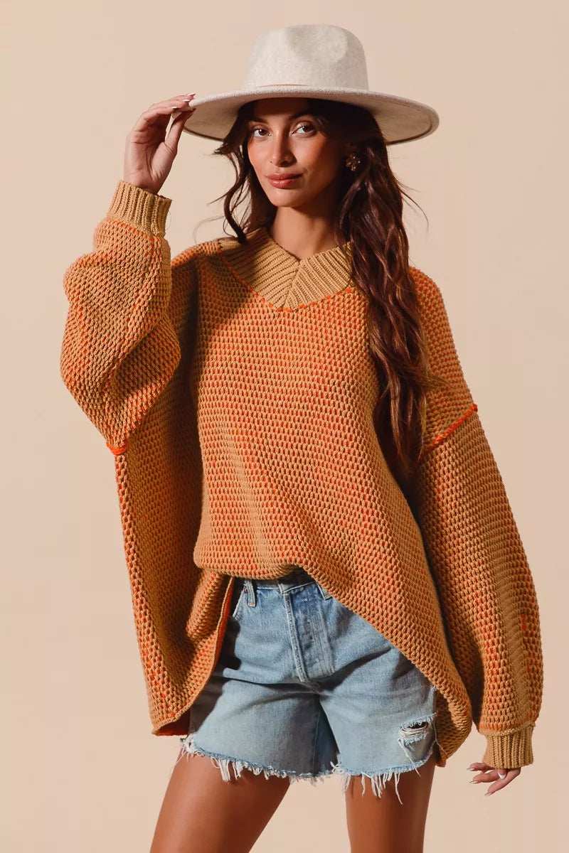 SO ME Oversized Two Tone Textured V Neck Sweater - Trendsi - Flyclothing LLC