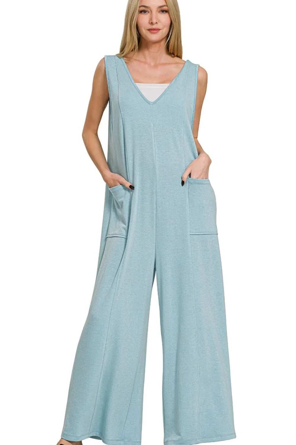 Zenana French Terry Deep V Neck Jumpsuits - Trendsi - Flyclothing LLC