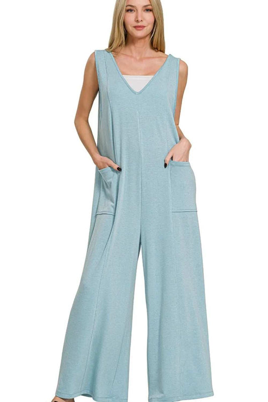 Zenana French Terry Deep V Neck Jumpsuits - Trendsi - Flyclothing LLC