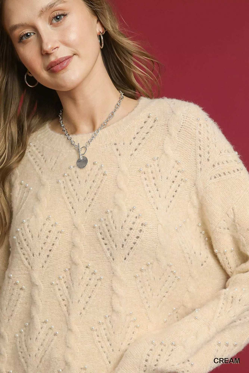Umgee Pearl-Embellished Long Sleeve Sweater - Trendsi - Flyclothing LLC