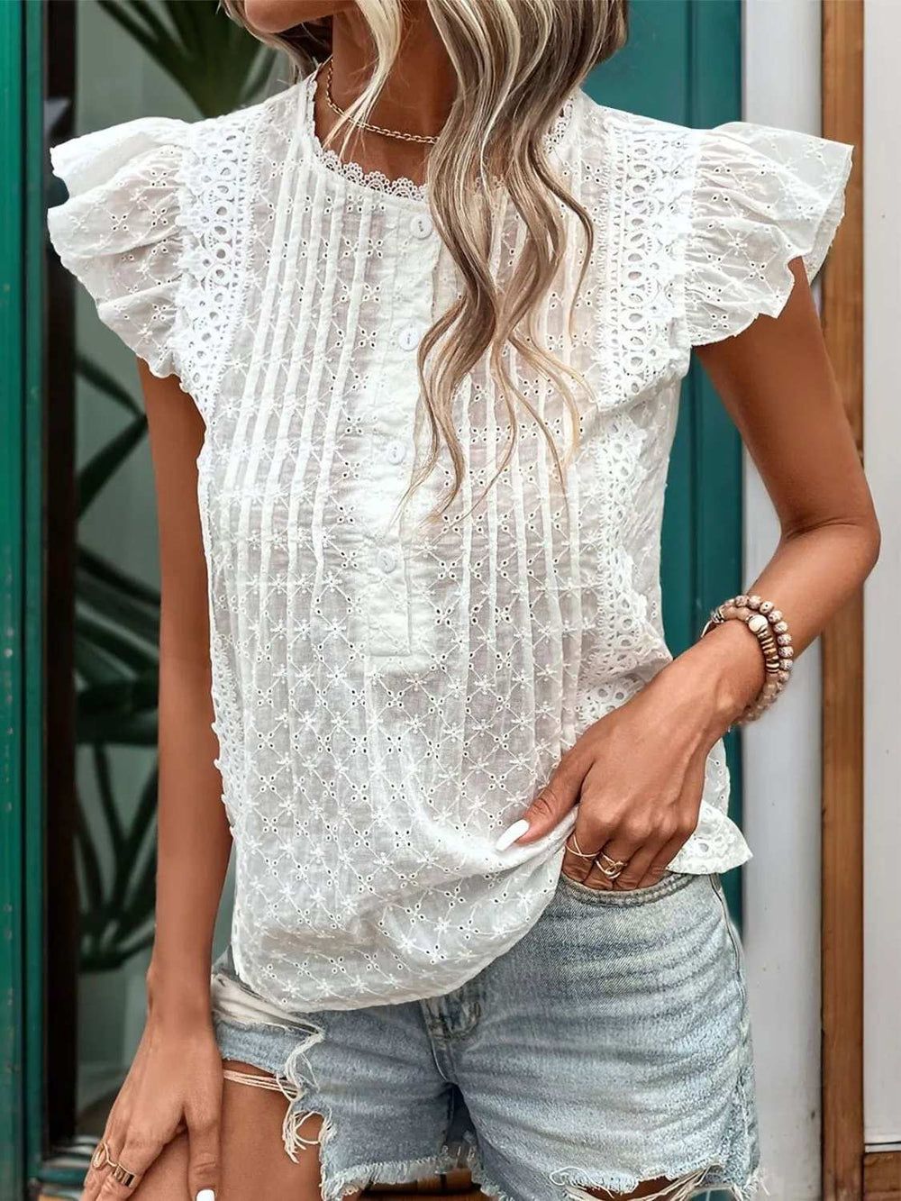 Lace Detail Eyelet Ruffle Cap Sleeve Blouse - Trendsi - Flyclothing LLC