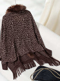Fringe Leopard Open Front Long Sleeve Poncho - Trendsi - Flyclothing LLC