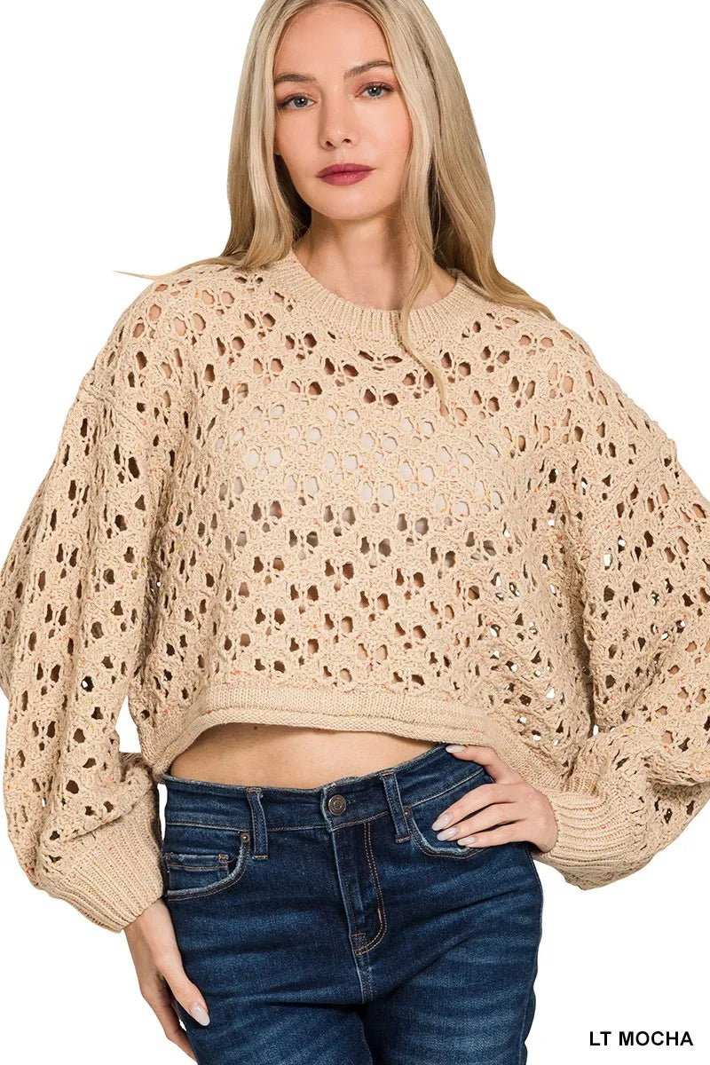 Zenana Oversized Cropped Crochet Knit Sweater - Trendsi - Flyclothing LLC