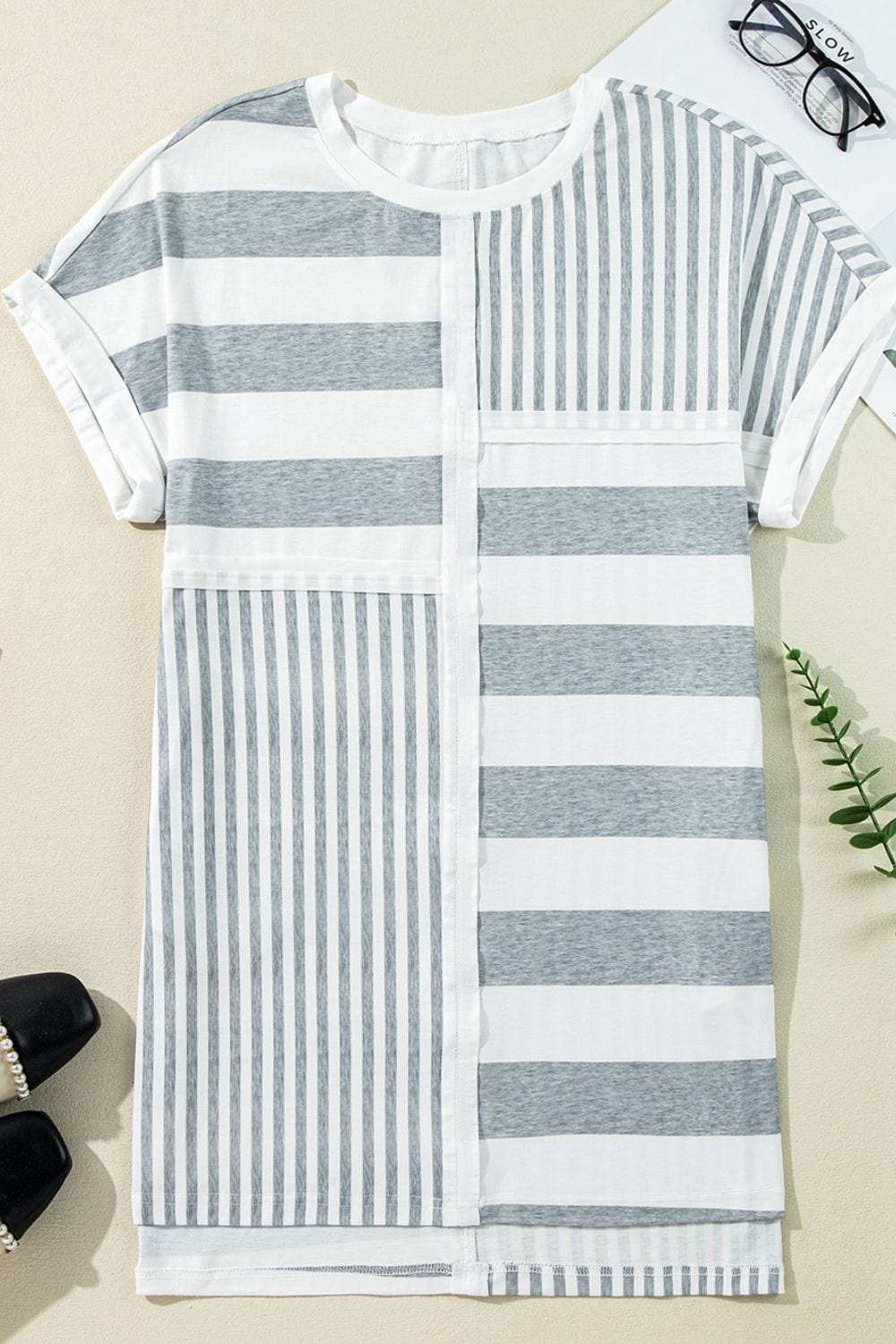 Stripe Mixed Short Sleeve Shift Mini Tee Dress - Trendsi - Flyclothing LLC