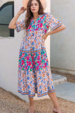 Mixed Floral Print Tie Neck Short Sleeve Dress - Trendsi - Flyclothing LLC