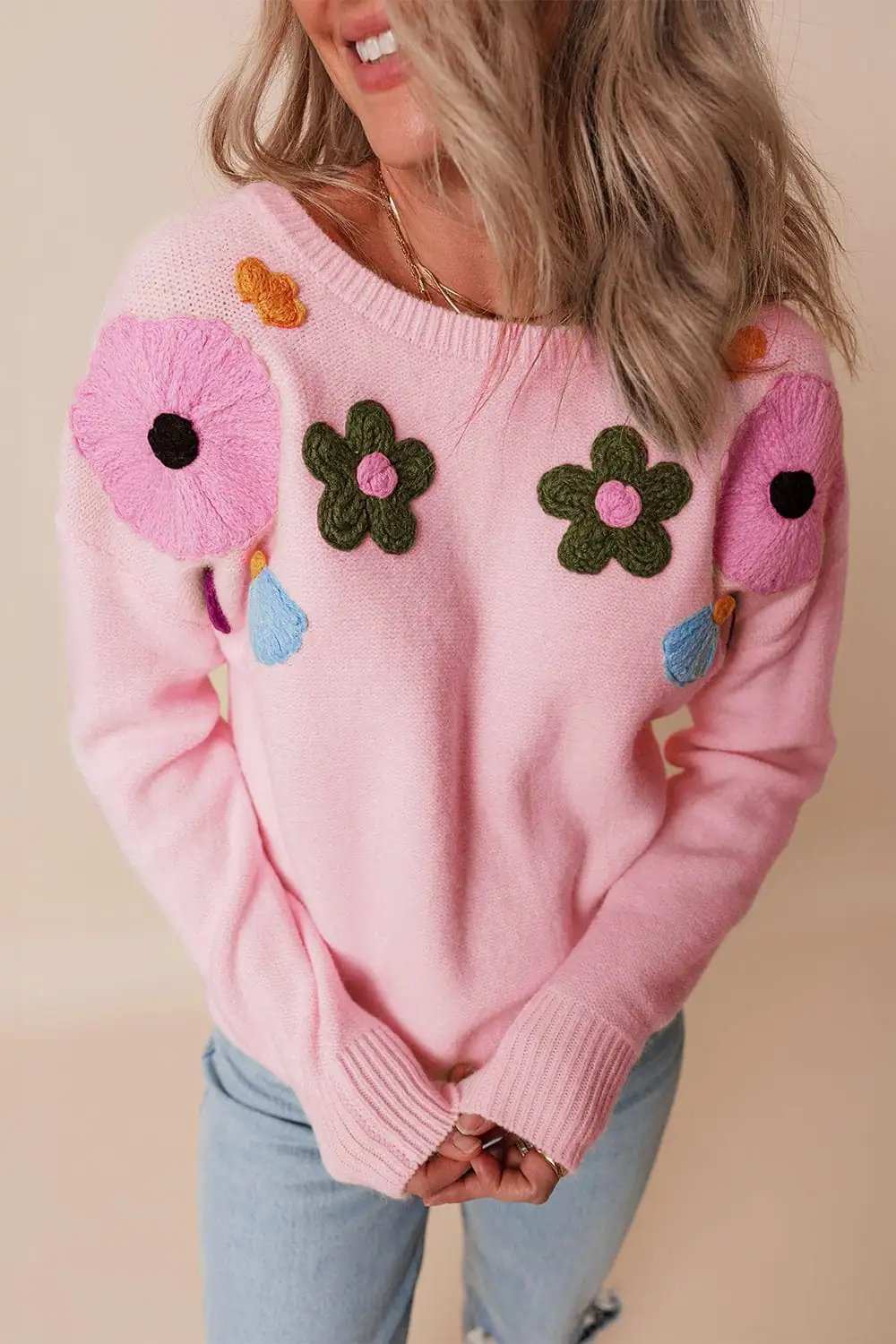 Crochet Flower Round Neck Dropped Shoulder Sweater - Trendsi - Flyclothing LLC